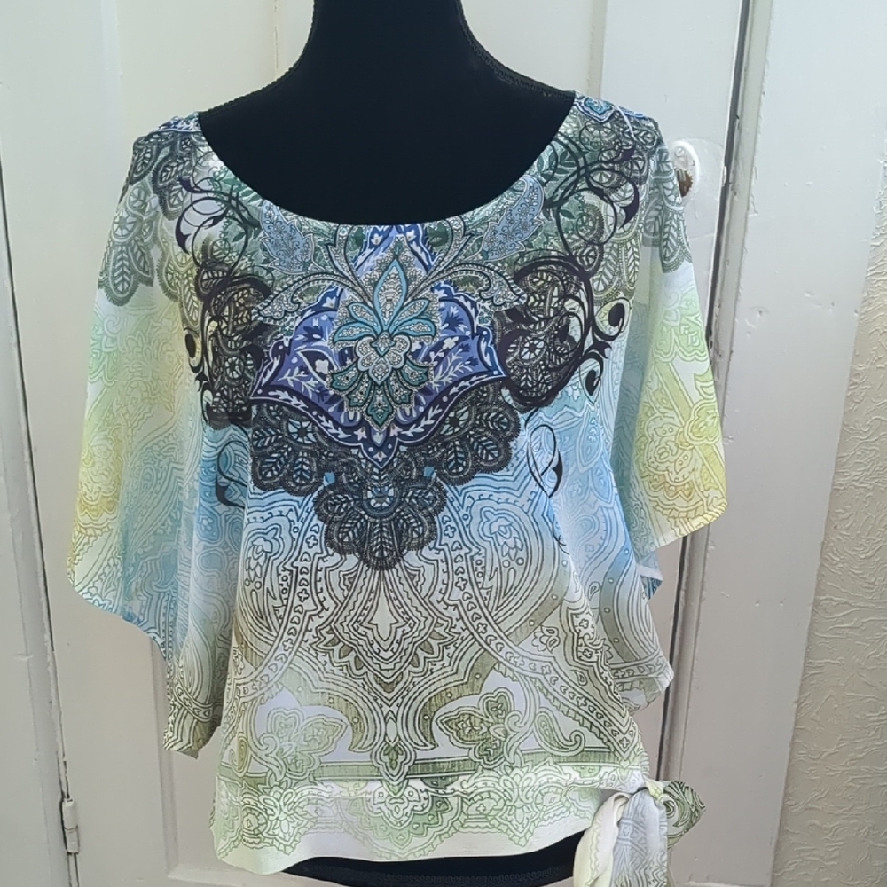 HeartSoul Blue and Green Flutter Sleeve Tunic